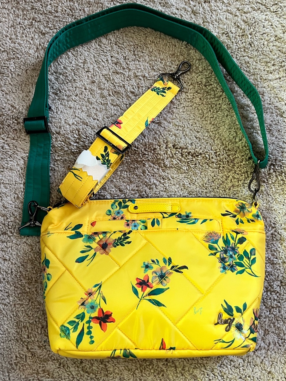 Lug Flare Yellow Quilted Floral Crossbody with Green Strap and bonus strap